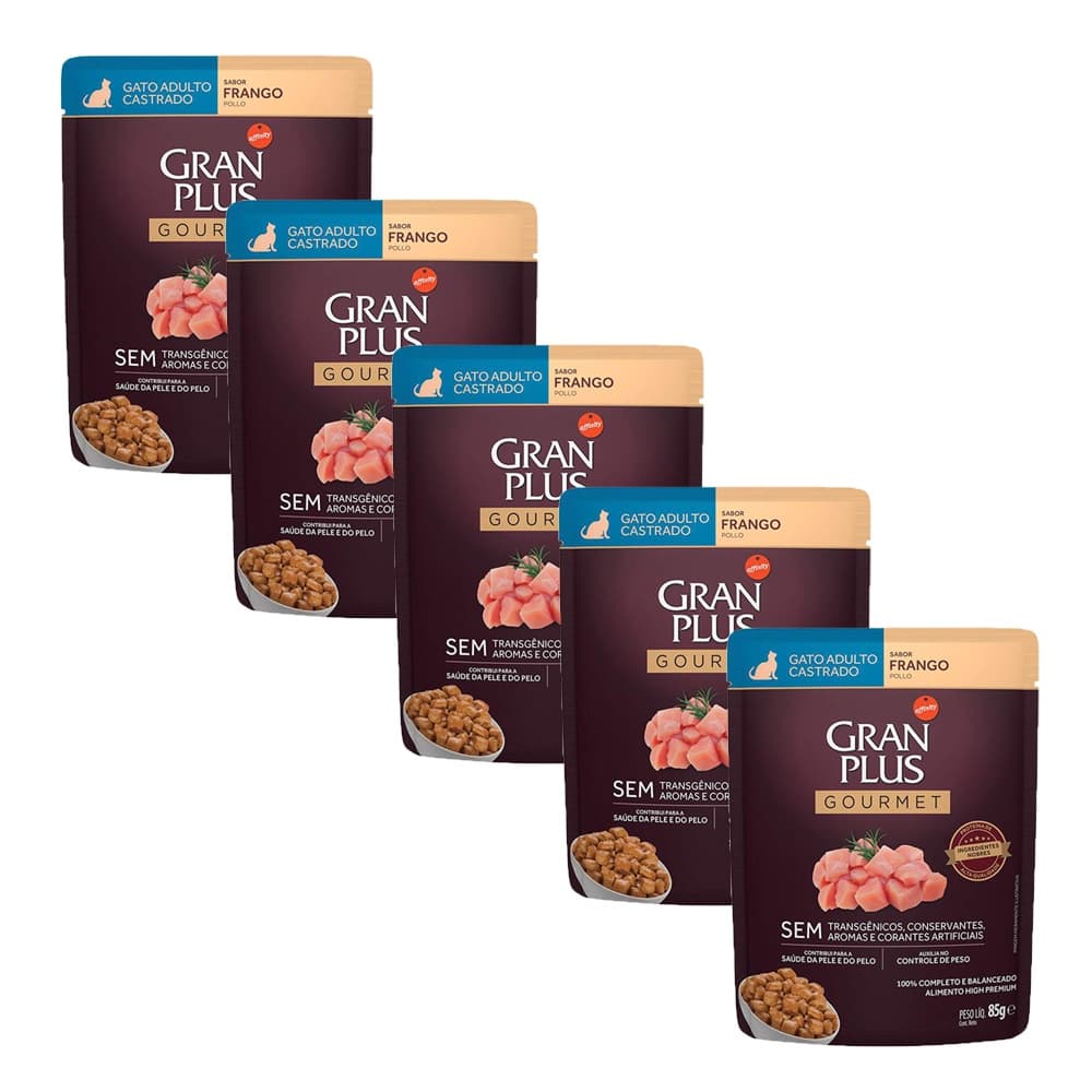 KIT 5 Ração Úmida Gran Plus Gourmet Gatos Adultos Castrado Frango Sachê 85g