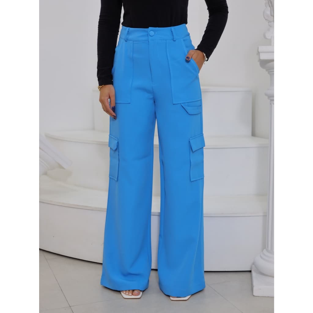 Calça Pantalona Alfaiataria Cargo Com Bolso Lateral
