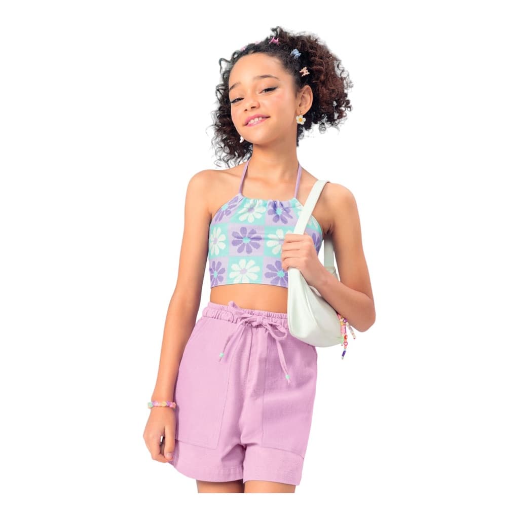Conjunto Top Florzinha e Shorts Lilás