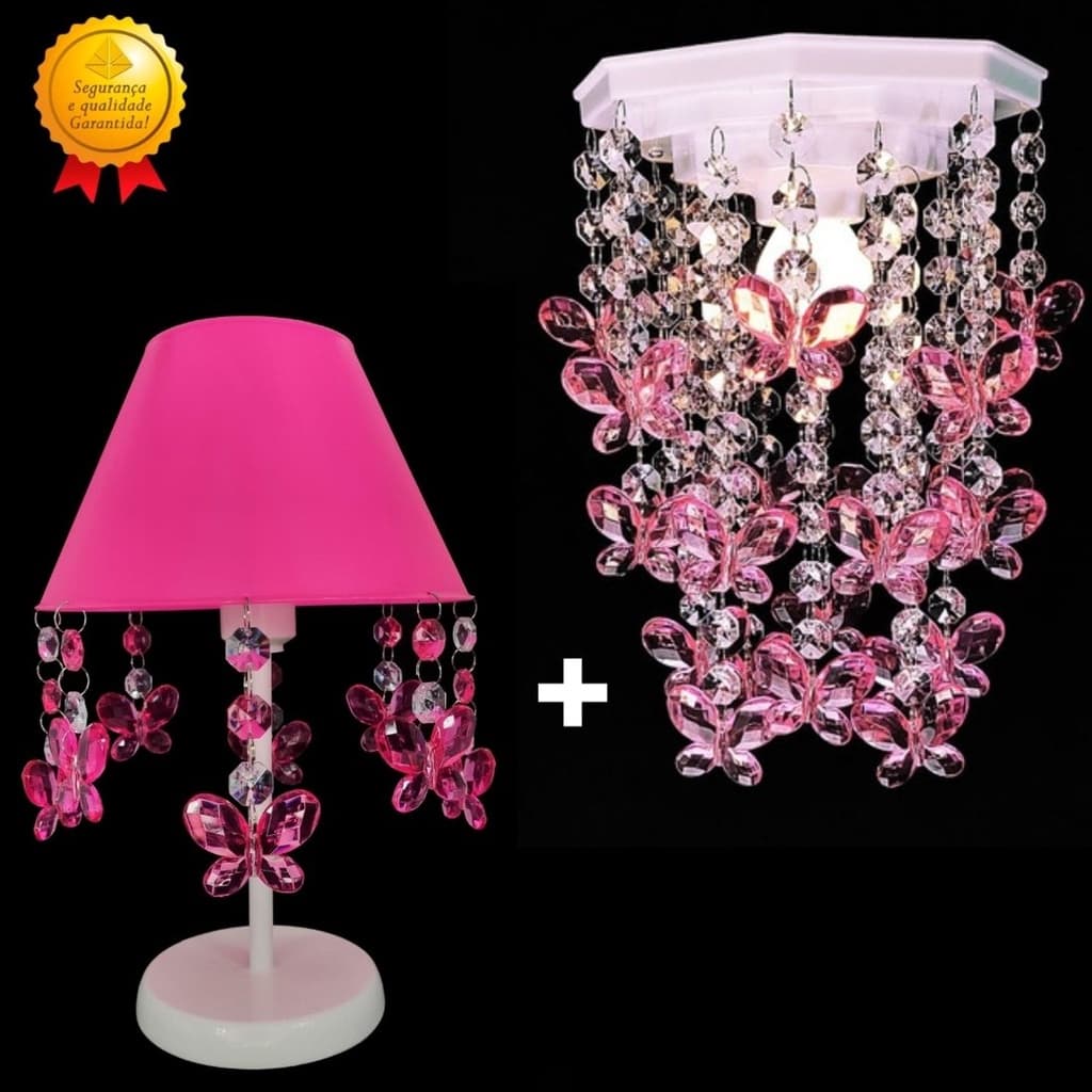 Abajur + Lustre Quarto Infantil Luminária de Teto Feminino Bebê Decorar Borboletas Rosa - Kit Iris