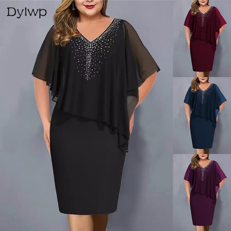 5XL Plus Size Vestido De Festa Feminino De Lantejoulas Verão Manga Curta Midi-- * &