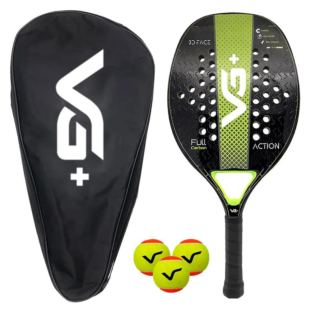 Kit Raquete de Beach Tennis Action Full Carbon Verde com 3 Bolas e Bolsa de Transporte VG Plus