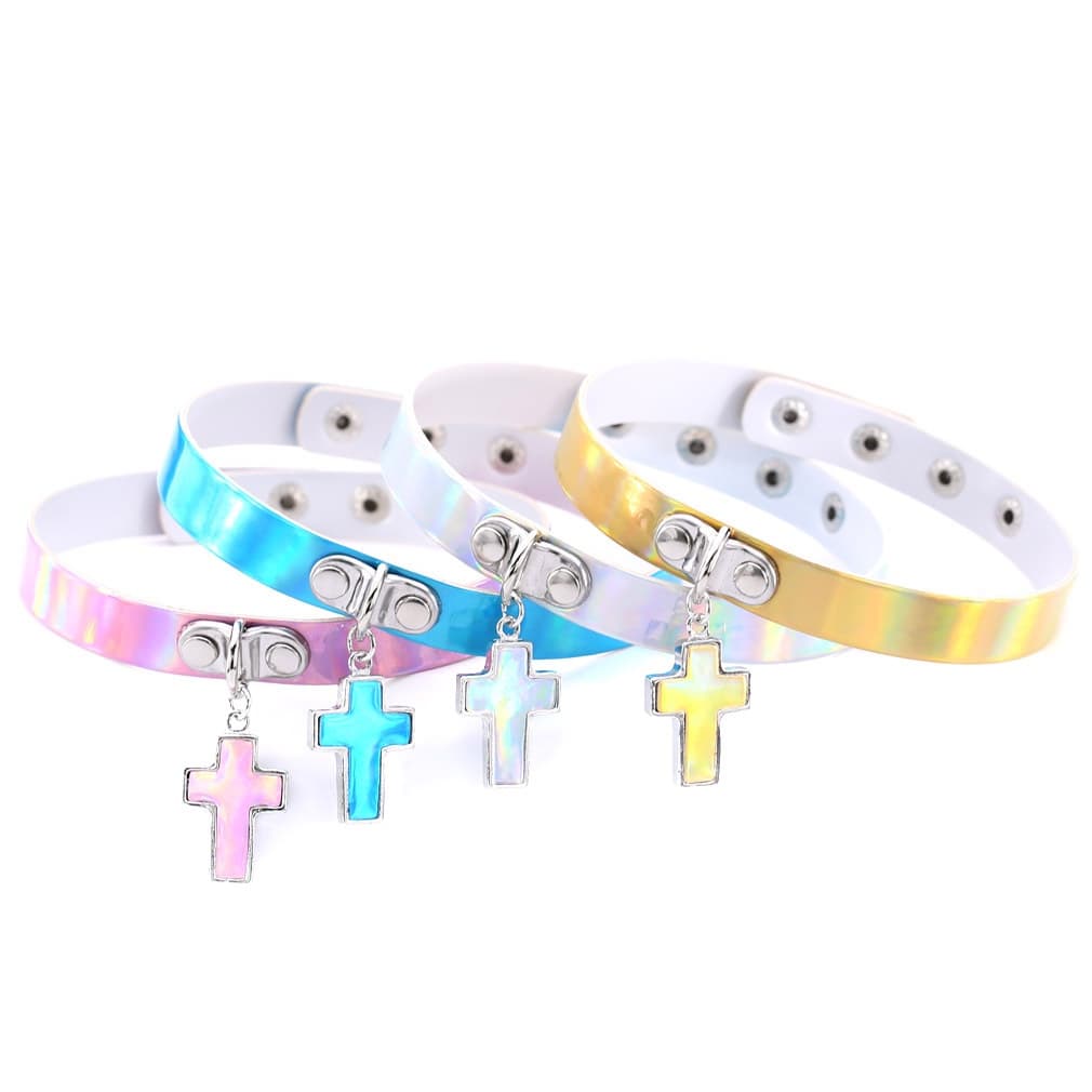 Choker Holográfico Gargantilha Colar Egirl Punk Gótico Cruz