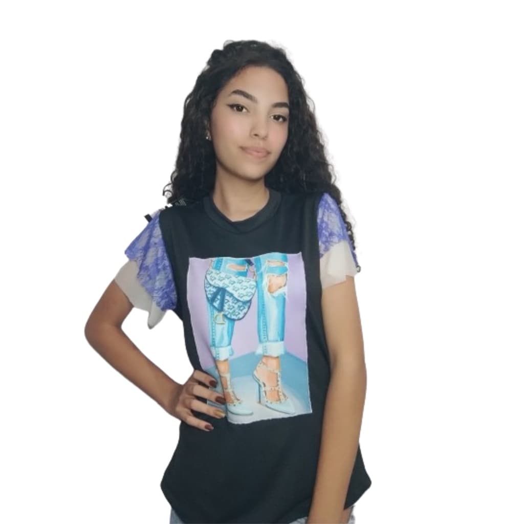 Blusa T-shirt Com Estampa e Renda Nas Mangas Escrita Moda Envagelica