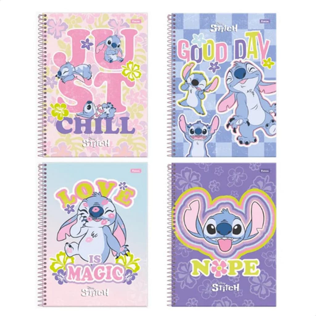 Kit 4 Cadernos Stitch Grande Capa Dura 1 Matéria Com Adesivo