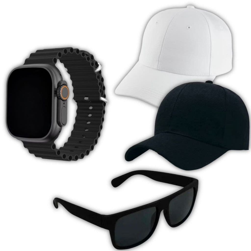 Kit Masculino Relógio Smart Ultra + Boné Liso Telado Branco Preto + Óculos Original Para Presente
