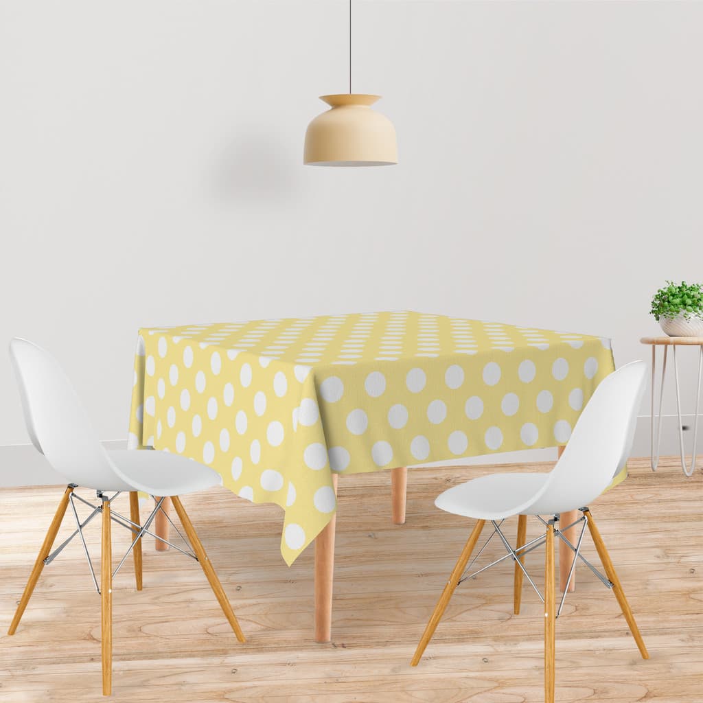 Toalha De Mesa Quadrada 4 Lugares Tecido Oxford Poá amarelo claro e branco TL277 - 140x140cm