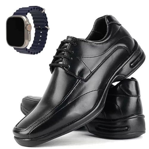 Sapato Social Masculino Ortopédico de Couro Premium Super Confortável + Relógio