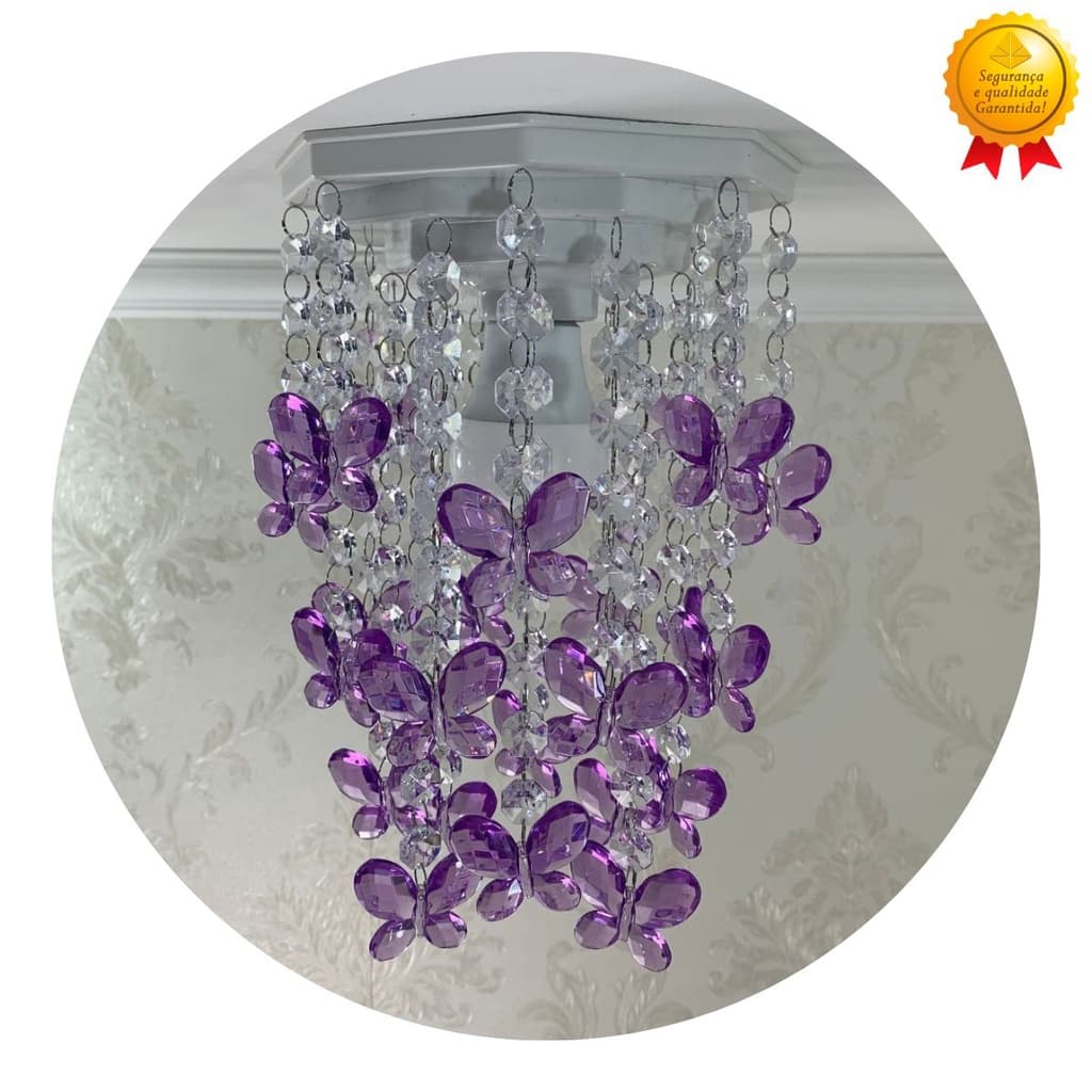 Luminária Para Quarto de Bebê Feminino Lustre Teto Infantil Menina Decoração Borboleta Roxa 17x25cm