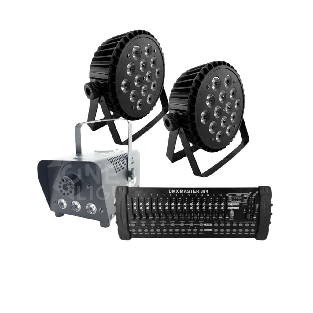 KIT 2 PAR LED SLIM + MÁQUINA DE FUMAÇA 600W + MESA DMX 384