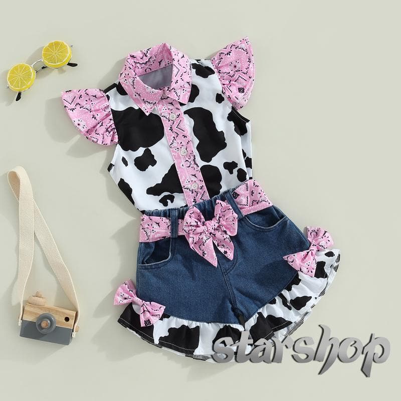 Starshop-Kids Roupas De Verão Para Meninas Vaca Impressão Capas De Mosca De Colarinho Com Gola Cinto 2Pcs Conjunto De