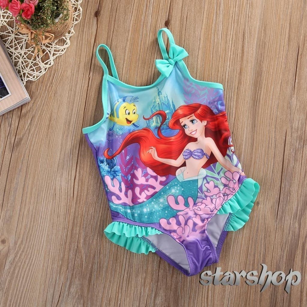 Starshop-Baby Girls Summer Sleeveless One-piece Swimwear Sereia Impressão Sling Halter Fato De Banho Ruffle 1-5Y