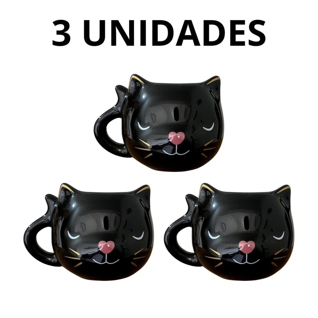 Combo 3 Canecas 3D Gato Preto Personalizadas Gatinho Presente Decoração Xicara Cerâmica Pet