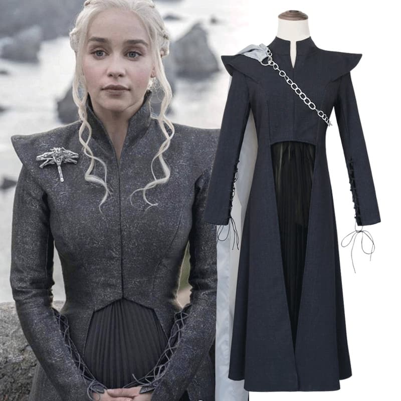 Fantasia de cosplay de Daenerys Targaryen de Game of Thrones, casaco preto, Fantasia de Mãe Dragão da 7ª Temporada para