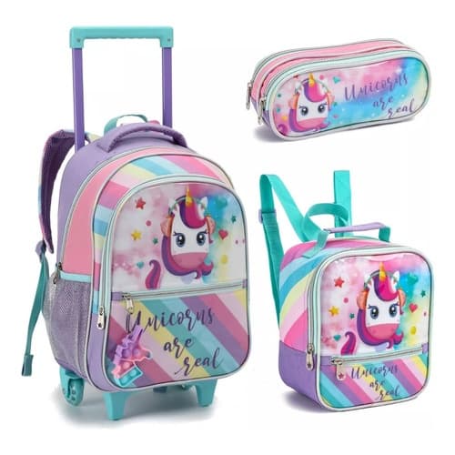 Kit Mochila Escolar Unicórnio Com  Rodinhas Estojo Promoção