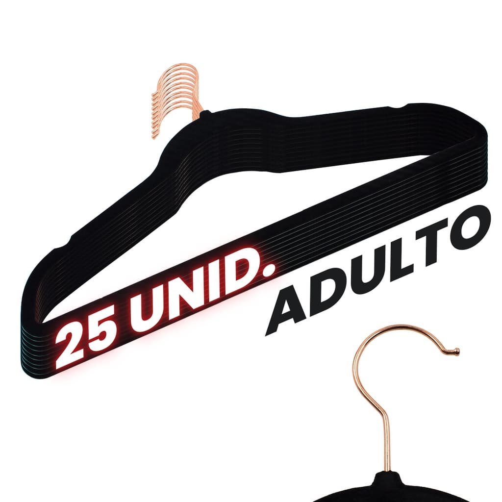 Kit 25 Cabides Veludo Preto Gancho Rose Antideslizantes 45cm