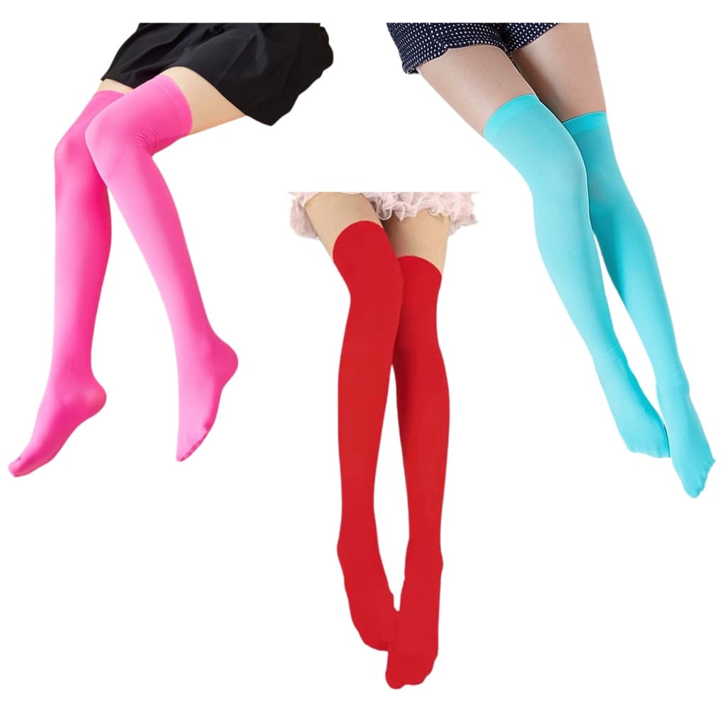 3 Pares Meia 7/8 Algodão 65 cm Rosa + Azul + Vermelha 3 Peças