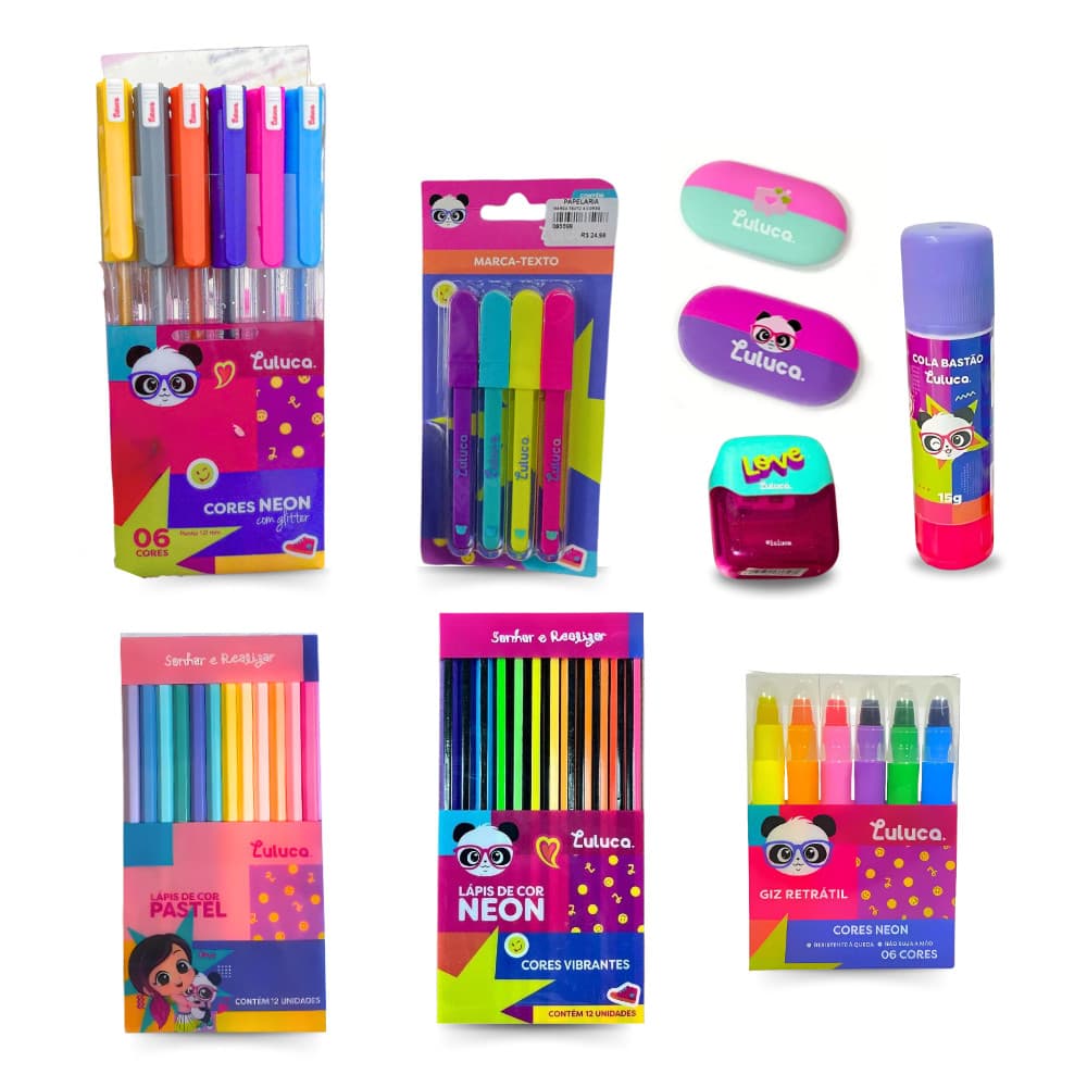 Kit Escolar Luluca Youtuber Volta Às Aulas Lápis Marca Texto Apontador Caneta Gel Borracha Cola Bastão Giz Retrátil