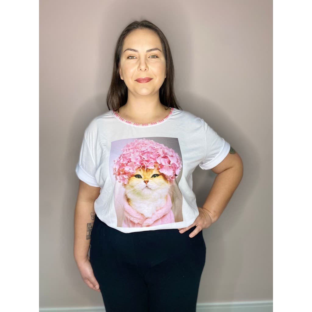 Camiseta Blusa T-Shirt estampa de animal pet Gato Flores  M ao G3