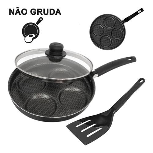 Frigideira Antiaderente Para 4 Ovos Frito Poche e Hamburguer Com Tampa de Vidro Gourmet Multiflon