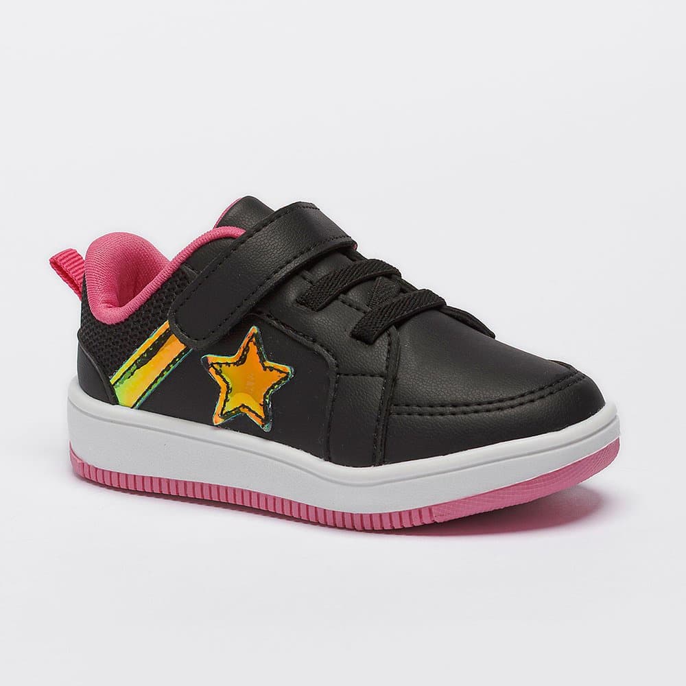 Tênis Infantil Menina Casual Calce Fácil Feminino Estrela Brilho Bicolor Confortável 21509 Pequito