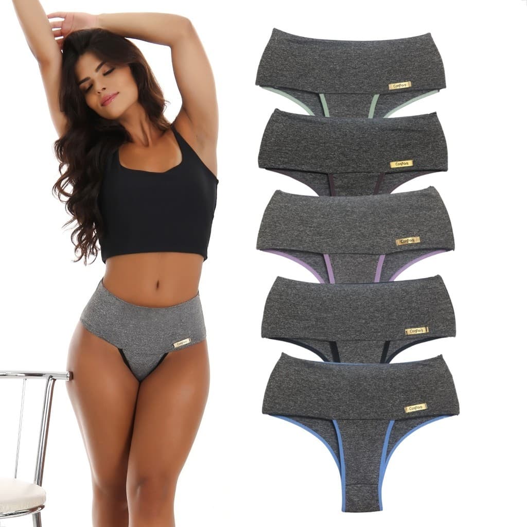 Kit 5 Calcinha Modeladora Cós Alto Feminina Microfibra Compressão