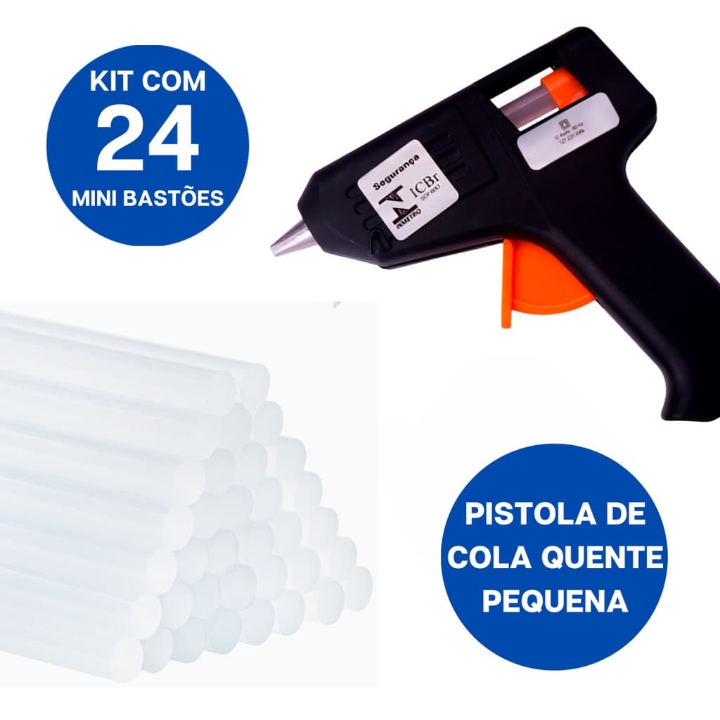 24 Mini Bastão Refil Cola Fina + Pistola Cola Quente Pequena Bivolt