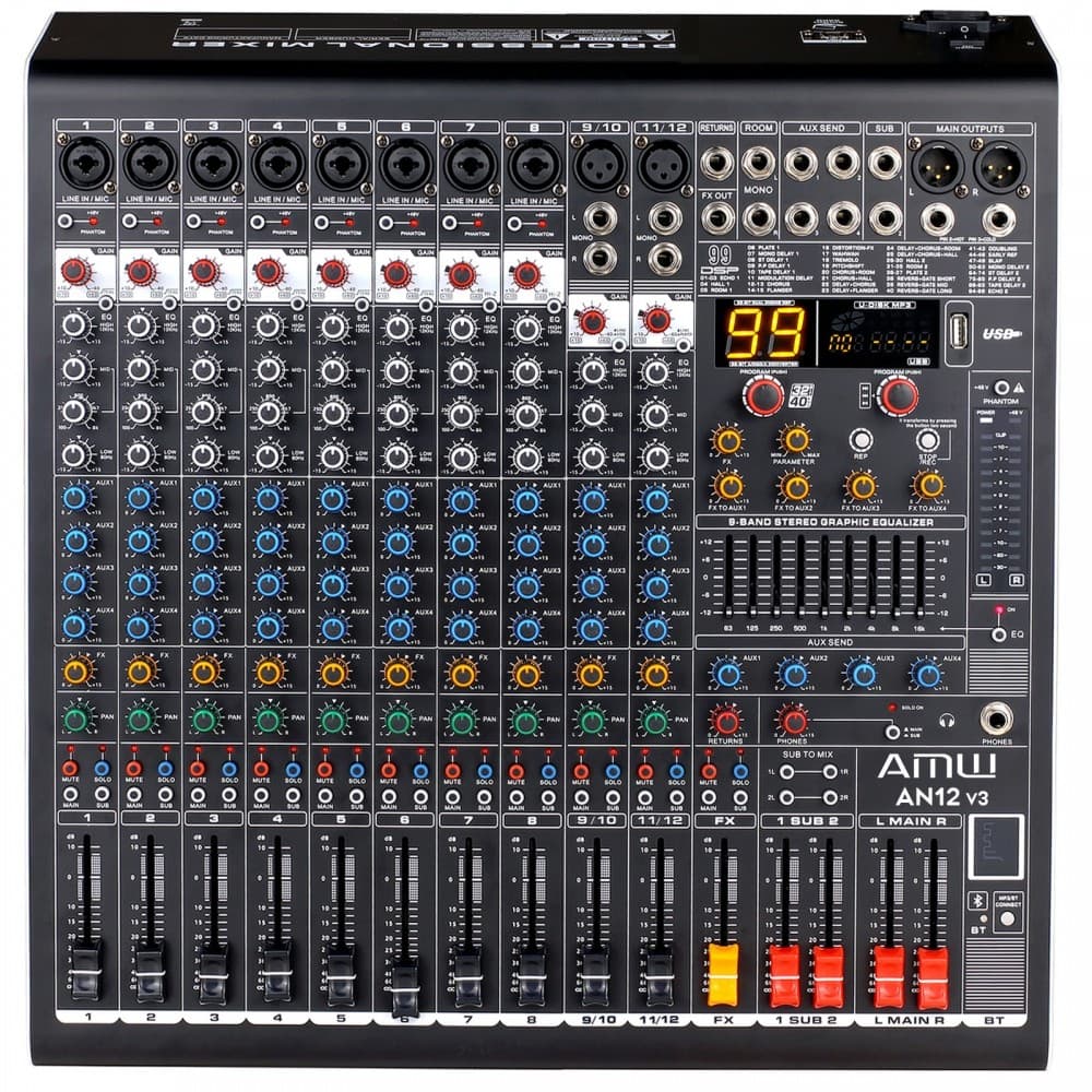 AMW AN12 v3 Mesa de Som 12 Canais com 4 saídas Auxiliares DSP 99 EFX USB Interface