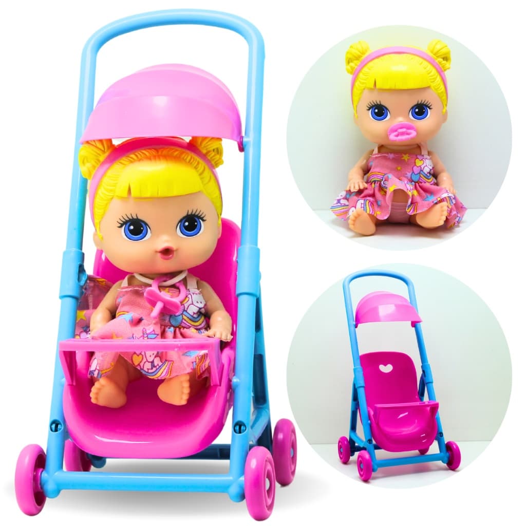 Kit Boneca Bebe Brinquedo + Carrinho Passeio Baby Infantil Menina Presente Bonito Barato Dia das Crianças