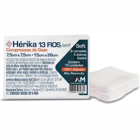 10 pacotes Compressa de Gaze Estéril Hérika 13 fios 7,5cm x 7,5cm