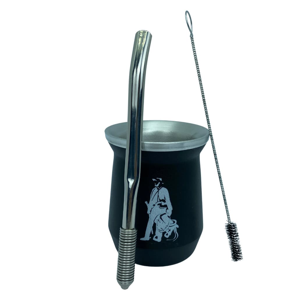 Kit tereré cuia copo redondo 350ml alumínio parede dupla preto + bomba mola desmontável sem rosca prata + escova higiene