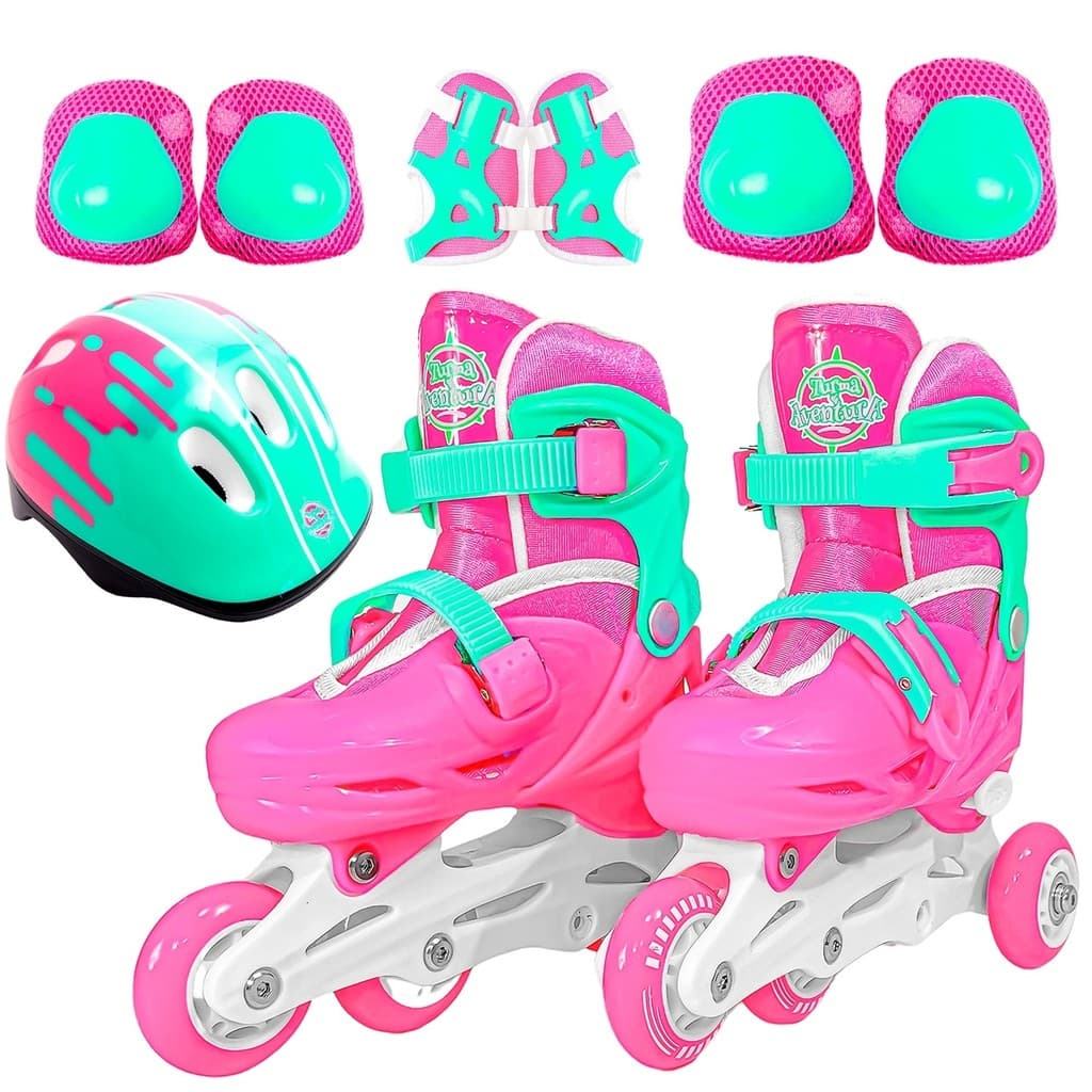 Patins Infantil Triline Inline Com Kit Proteção 30-33 Rosa Meninas Até 60kg - Unitoys