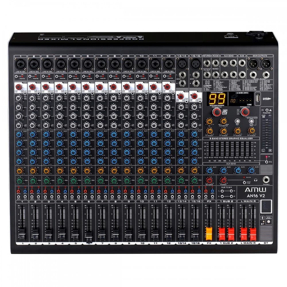 AMW AN16 v3 Mesa de Som 16 Canais com 4 saídas Auxiliares DSP 99 EFX BT Interface