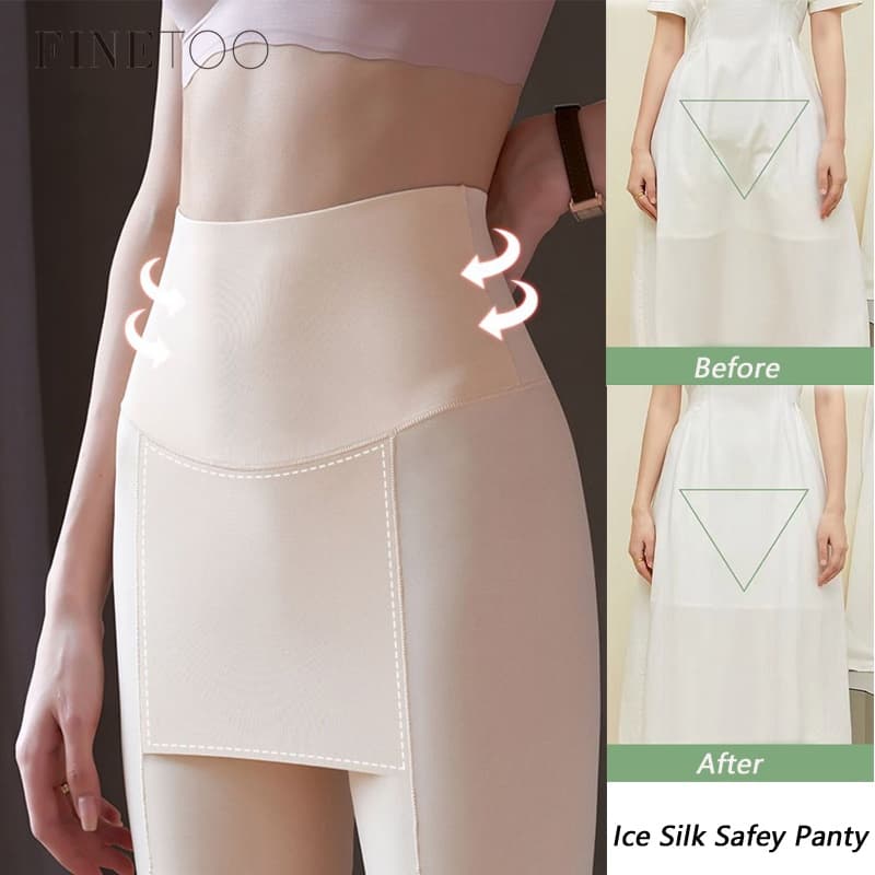 FINETOO Shorts De Seda Gelada Sem Costura Para Mulheres , Compartimento Anti-Caminhada , Calças De Segurança Com Virilha