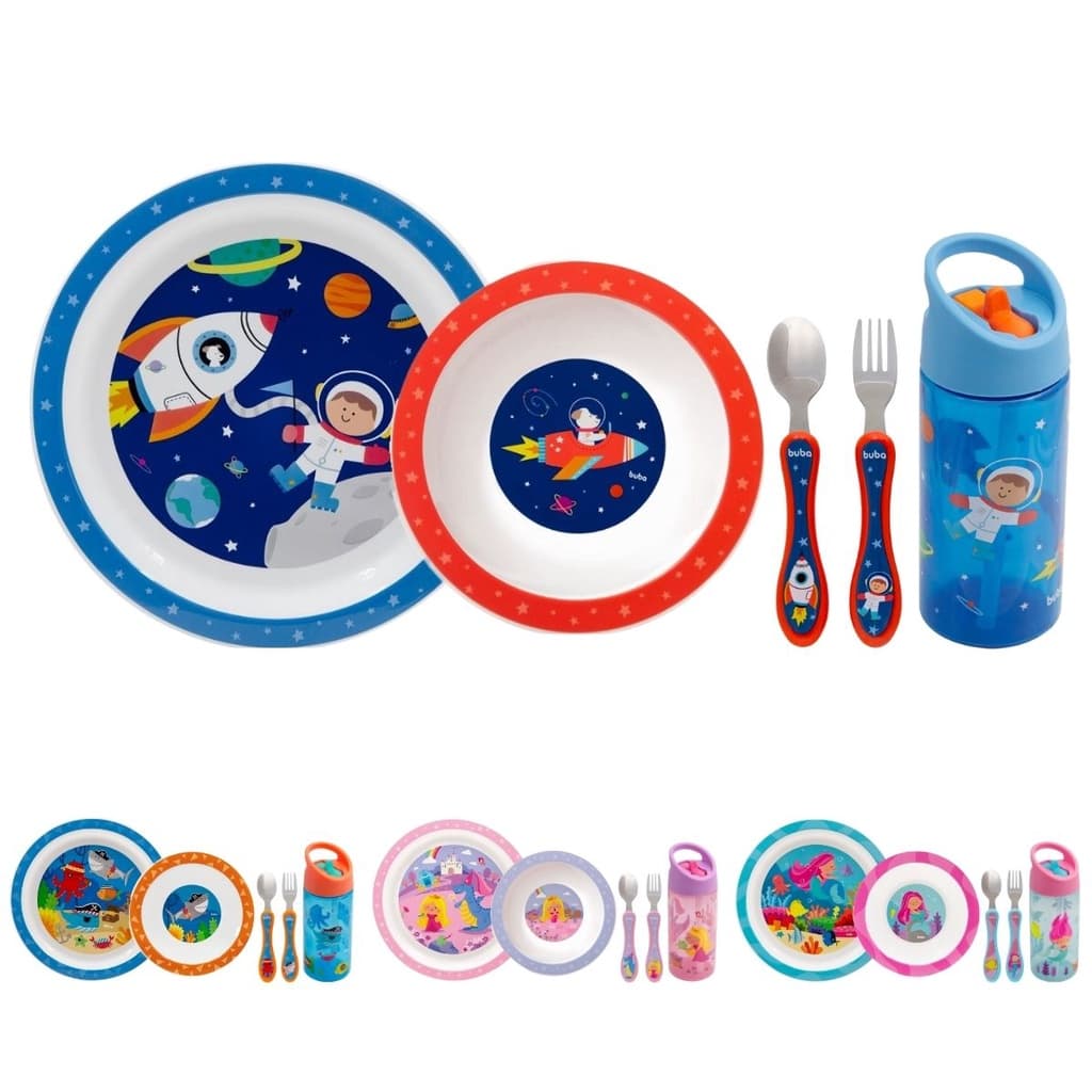 Kit Refeição Infantil 4 Peças Prato, Bowl, Kit Talher Inox e Garrafa Canudo Silicone 380ml Buba Aventuras