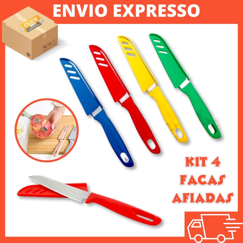 Kit 4 Faca Aço Inox Afiada com Bainha Capa Protetora Cozinha Pesca Camping Faquinha Colorida Corta Legumes Frutas  Carne