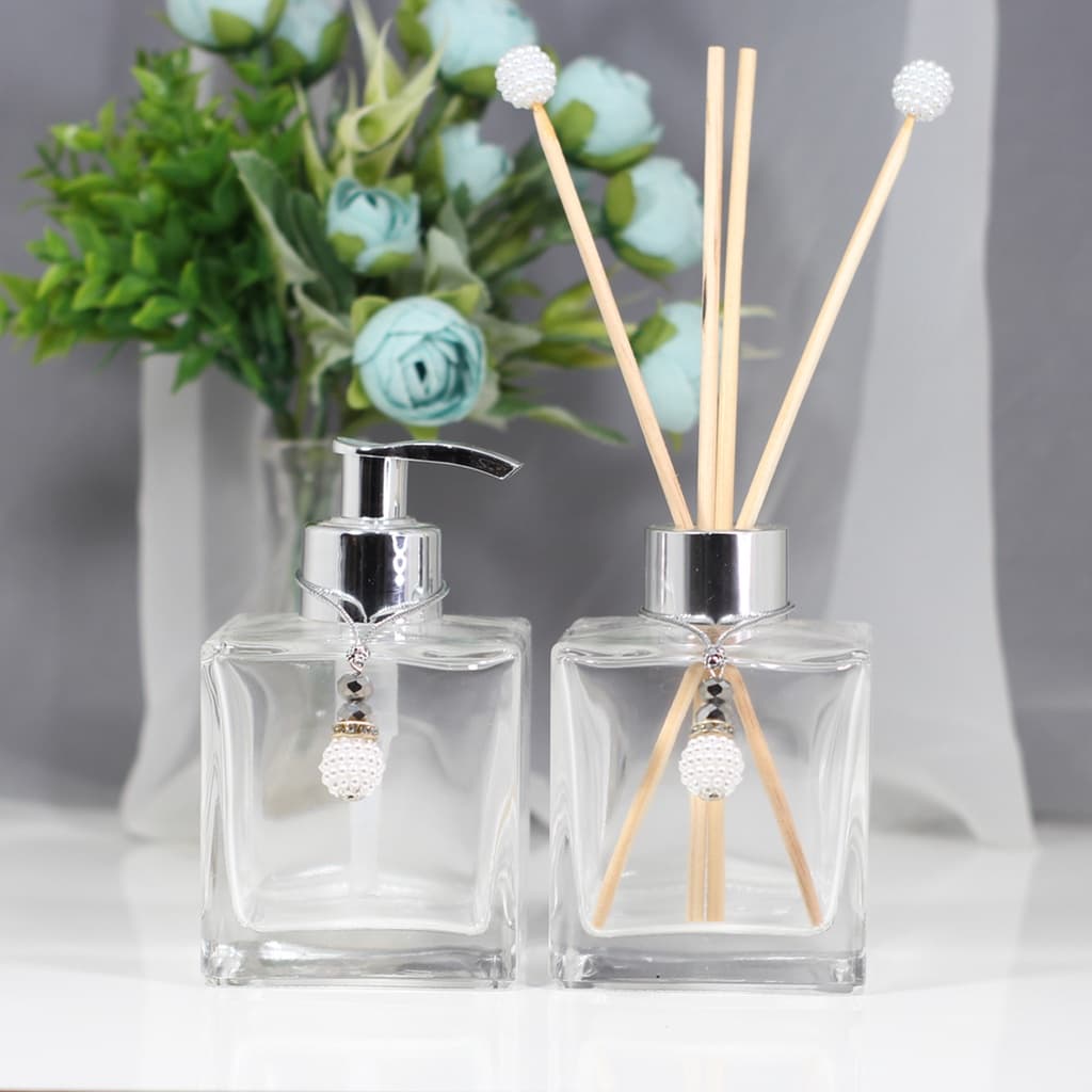 Saboneteira Liquida + Difusor Aromas Vidro Cubo Transp Duo