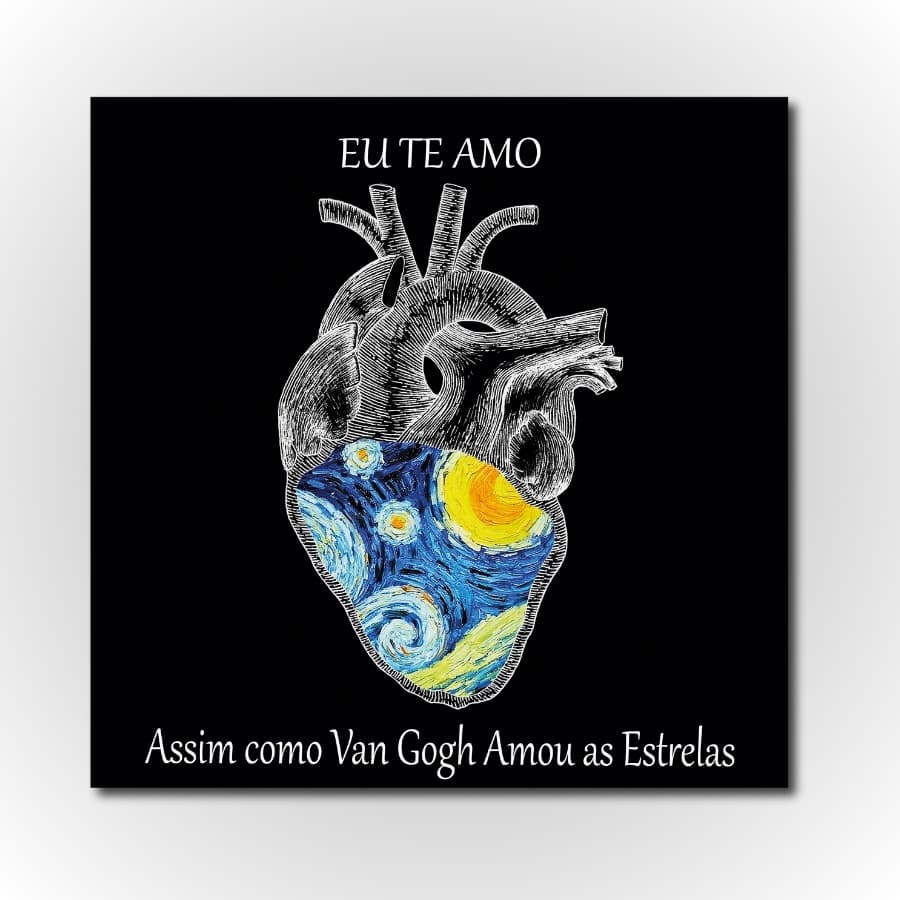 Quadro decorativo tela Van Gogh Noite Estrelada Releitura em Coração com Frase Eu Te Amo