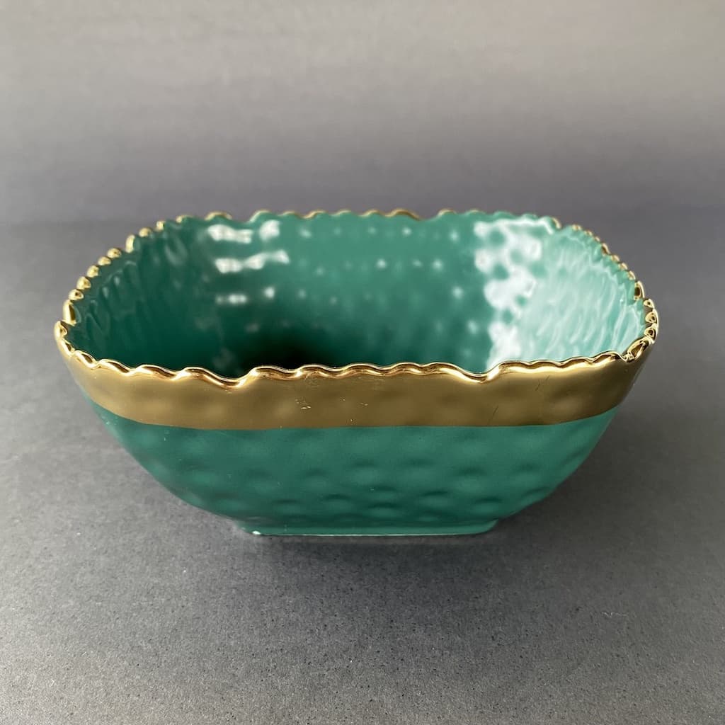 Bowl Quadrado M  Verde e Dourado Porcelana 12,6 x 12,6 x 5,5 cm
