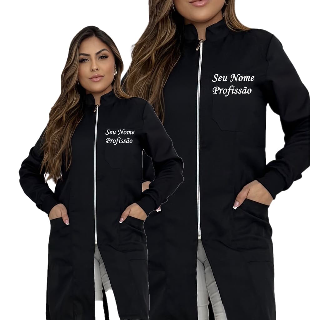 Jaleco Preto Feminino Ziper Prata Manga Longa Com Punho - Oxford + BORDADO SEU NOME E PROFISSÃO - Personalizado