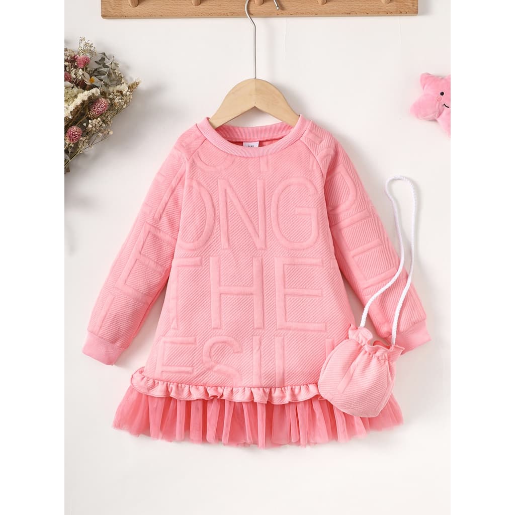 Vestido De Bebê Para Menina 2-8 Anos 2pcs Baby Girl Manga Longa Em Relevo Carta Malha Com Bolsa Princesa Estilo Fofo Fes