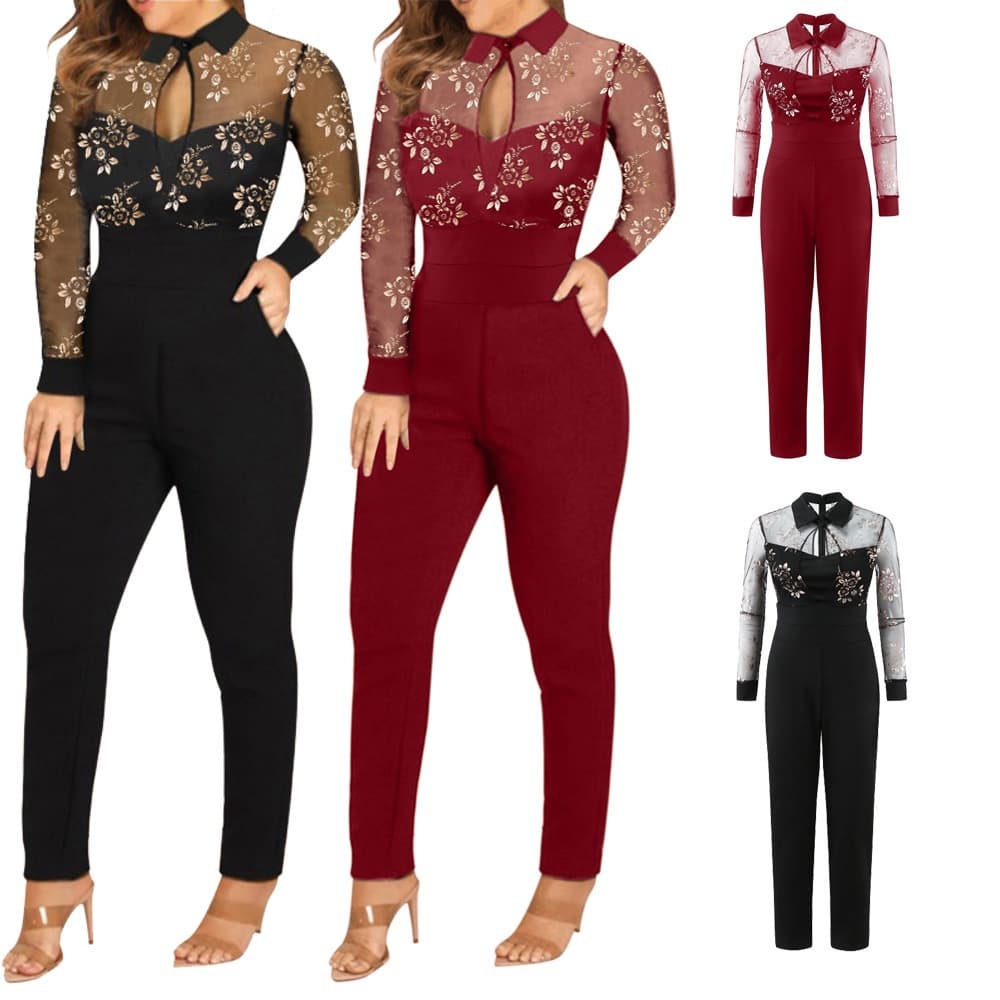 Macacão Macaquinho Longo Feminina Manga Longa Glitter Malha Patchwork Preto Slim Elegante Casual Festa
