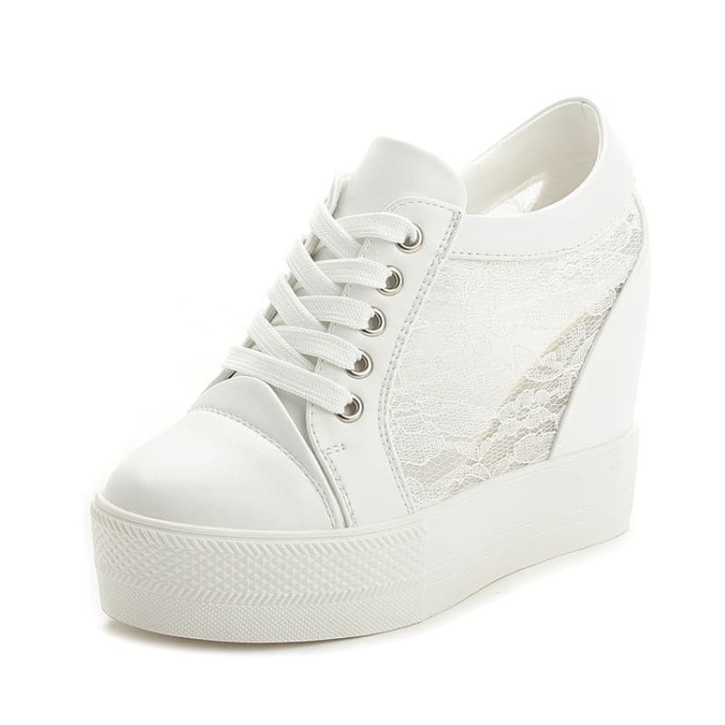 Tênis De Cunha De Plataforma De 11cm Malha Branca De Renda Feminina Casual Shoes