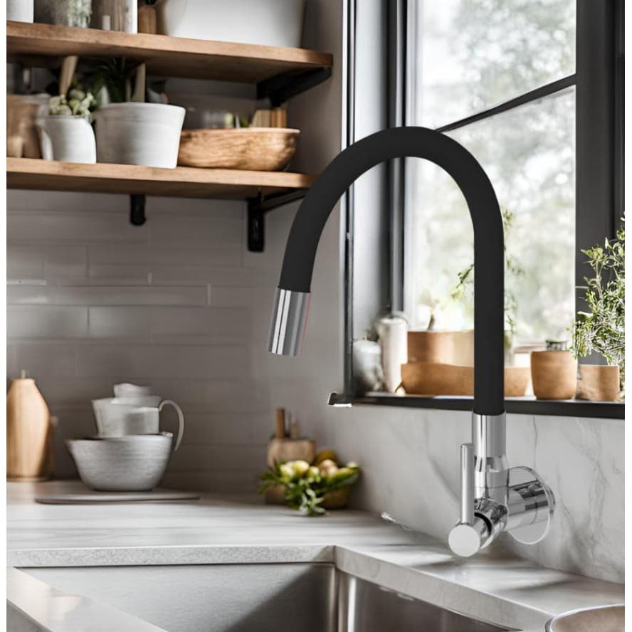 Torneira de parede para cozinha com bica alta flexível - Torneira Cromada/Vermelho