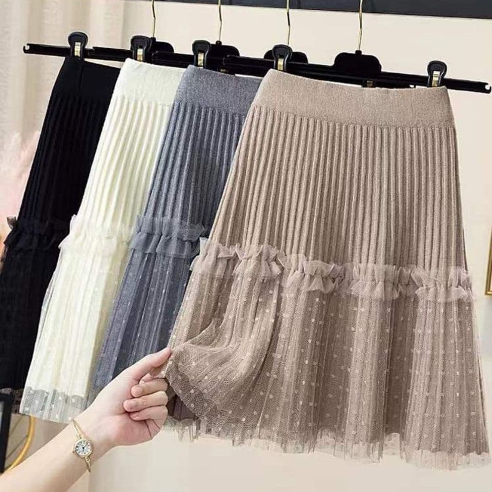 2023 nova saia de malha feminina outono inverno cintura alta a linha saia gaze costura saia plissada guarda-chuva engros