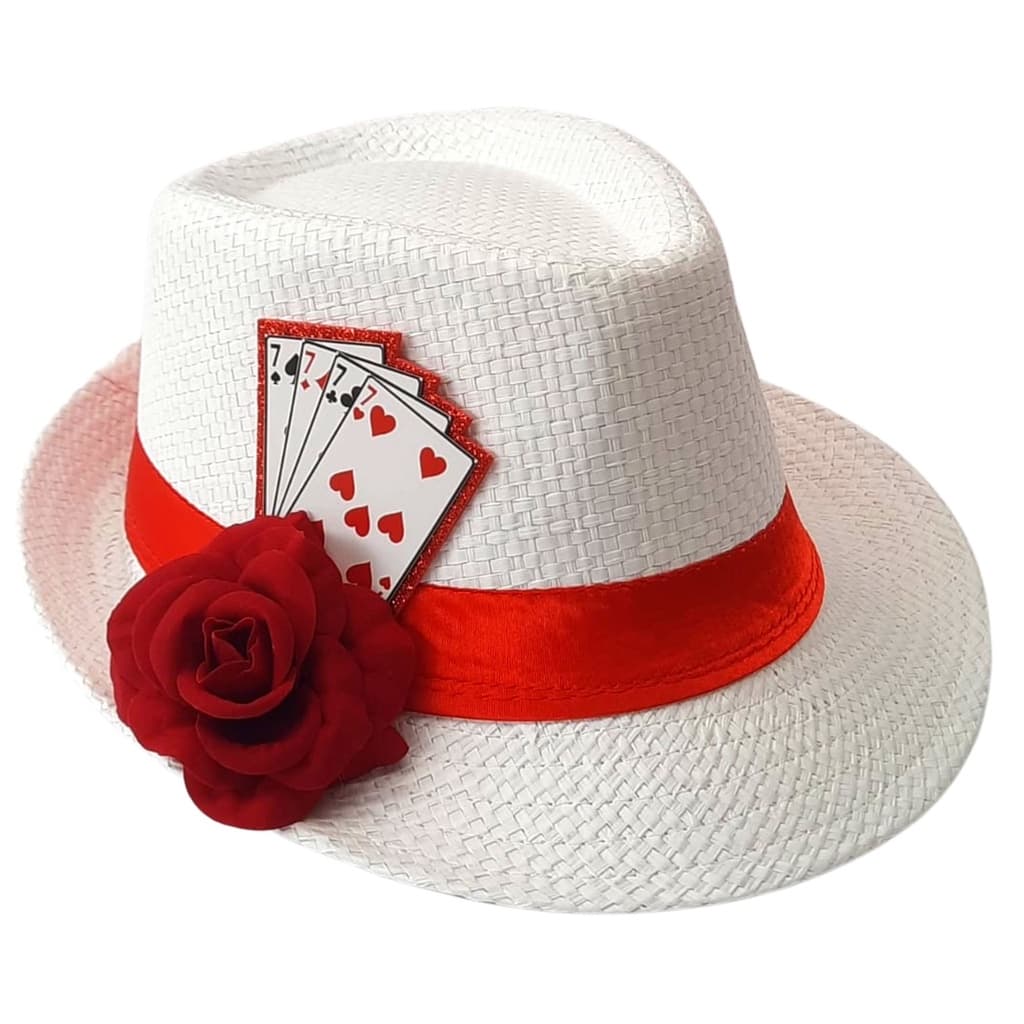 Chapeu Maria Navalha Malandra Branco com Rosa e Baralho Umbanda
