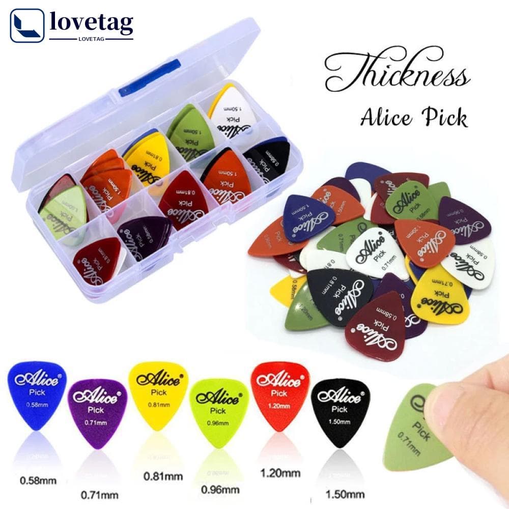 LOVETAG 50pcs Palhetas De Guitarra 1 Caixa Alice Acústica Mediador De Baixo Elétrico Instrumentos Musicais Espessura 0.58-1.5 Acessórios F2T8