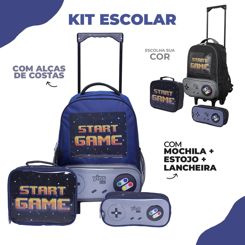 Kit Mochila de Rodinhas C/ Alças de Costas + Lancheira + Estojo Gamer Escolar Infantil