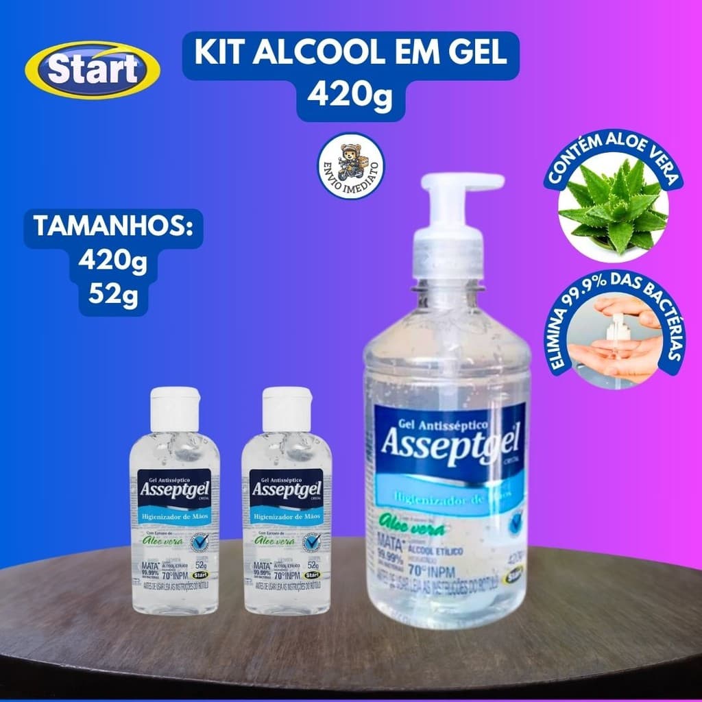 Álcool Em Gel Higienizador De Mãos Kit 52g E 420g Cristal Kit C/ Pequeno e Grande Aloe Vera Start