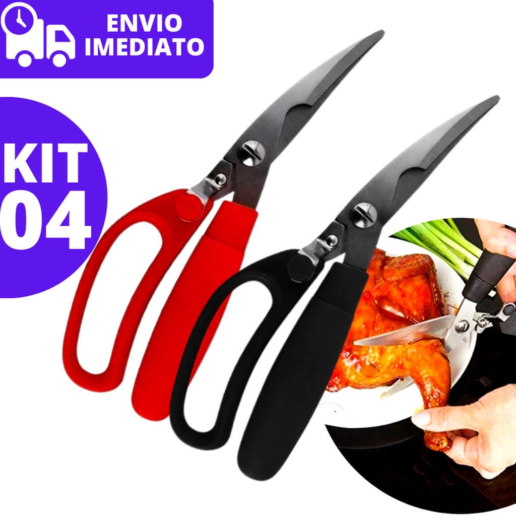 Kit 04 Tesoura de Cozinha Corta e Desossa Frango Corta Peixes Multifunções Alimentos